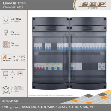 SEP Europe - Live-On Titan, LT44i-430713-FC1, 40A, 3-fase groepenkast, 7-lichtgroepen, 3-krachtgroepen, 1-fornuisgroep,  1V-contactdoos, technische gegevens