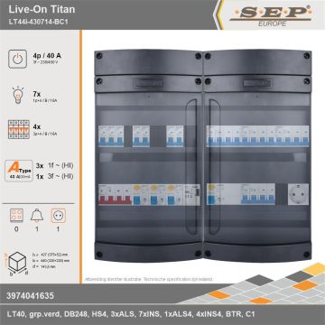 SEP Europe - Live-On Titan, LT44i-430714-BC1, 40A, 3-fase groepenkast, 7-lichtgroepen, 4-krachtgroepen, 1-beltrafo,  1V-contactdoos, technische gegevens