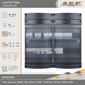 SEP Europe - Live-On Titan, LT44i-430812-FB, 40A, 3-fase groepenkast, 8-lichtgroepen, 2-krachtgroepen, 1-fornuisgroep, 1-beltrafo, technische gegevens
