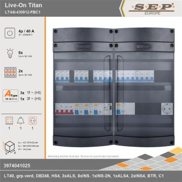 SEP Europe - Live-On Titan, LT44i-430812-FBC1, 40A, 3-fase groepenkast, 8-lichtgroepen, 2-krachtgroepen, 1-fornuisgroep, 1-beltrafo,  1V-contactdoos, technische gegevens