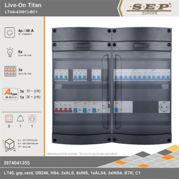 SEP Europe - Live-On Titan, LT44i-430813-BC1, 40A, 3-fase groepenkast, 8-lichtgroepen, 3-krachtgroepen, 1-beltrafo,  1V-contactdoos, technische gegevens