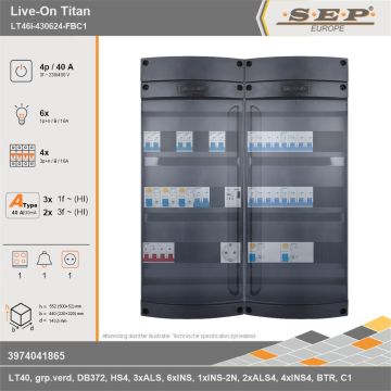 SEP Europe - Live-On Titan, LT46i-430624-FBC1, 40A, 3-fase groepenkast, 6-lichtgroepen, 4-krachtgroepen, 1-fornuisgroep, 1-beltrafo,  1V-contactdoos, technische gegevens
