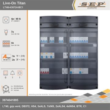 SEP Europe - Live-On Titan, LT46i-430724-BC1, 40A, 3-fase groepenkast, 7-lichtgroepen, 4-krachtgroepen, 1-beltrafo,  1V-contactdoos, technische gegevens