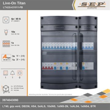 SEP Europe - Live-On Titan, LT422i-431011-FB, 40A, 3-fase groepenkast, 10-lichtgroepen, 1-krachtgroepen, 1-fornuisgroep, 1-beltrafo, technische gegevens