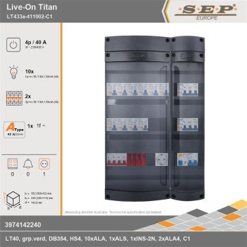 SEP Europe - Live-On Titan, LT433a-411002-FC1, 40A, 3-fase groepenkast, 10-lichtgroepen, 2-krachtgroepen, 1-fornuisgroep,  1V-contactdoos, technische gegevens