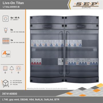SEP Europe - Live-On Titan, LT44a-400903-B, 40A, 3-fase groepenkast, 9-lichtgroepen, 3-krachtgroepen, 1-beltrafo, technische gegevens