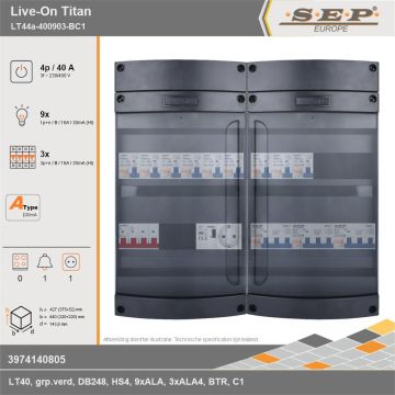 SEP Europe - Live-On Titan, LT44a-400903-BC1, 40A, 3-fase groepenkast, 9-lichtgroepen, 3-krachtgroepen, 1-beltrafo,  1V-contactdoos, technische gegevens
