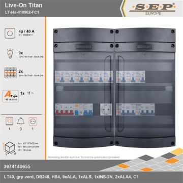 SEP Europe - Live-On Titan, LT44a-410902-FC1, 40A, 3-fase groepenkast, 9-lichtgroepen, 2-krachtgroepen, 1-fornuisgroep,  1V-contactdoos, technische gegevens