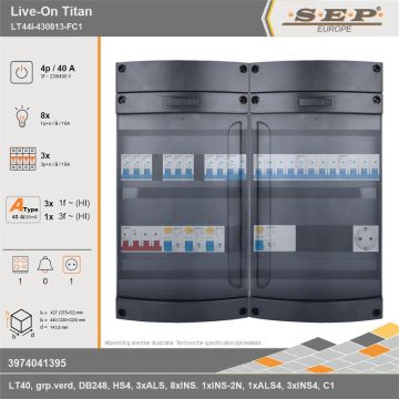 SEP Europe - Live-On Titan, LT44i-430813-FC1, 40A, 3-fase groepenkast, 8-lichtgroepen, 3-krachtgroepen, 1-fornuisgroep,  1V-contactdoos, technische gegevens
