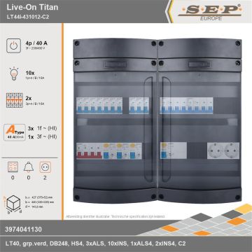 SEP Europe - Live-On Titan, LT44i-431012-C2, 40A, 3-fase groepenkast, 10-lichtgroepen, 2-krachtgroepen,  2V-contactdoos, technische gegevens