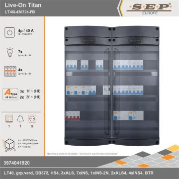 SEP Europe - Live-On Titan, LT46i-430724-FB, 40A, 3-fase groepenkast, 7-lichtgroepen, 4-krachtgroepen, 1-fornuisgroep, 1-beltrafo, technische gegevens