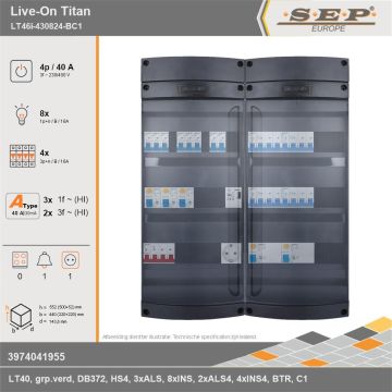 SEP Europe - Live-On Titan, LT46i-430824-BC1, 40A, 3-fase groepenkast, 8-lichtgroepen, 4-krachtgroepen, 1-beltrafo,  1V-contactdoos, technische gegevens