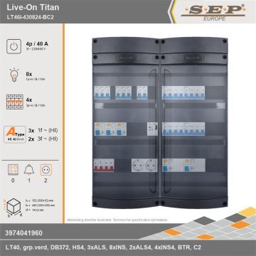 SEP Europe - Live-On Titan, LT46i-430824-BC2, 40A, 3-fase groepenkast, 8-lichtgroepen, 4-krachtgroepen, 1-beltrafo,  2V-contactdoos, technische gegevens
