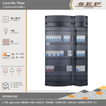 SEP Europe - Live-On Titan, LT433i-431012-FBC1, 40A, 3-fase groepenkast, 10-lichtgroepen, 2-krachtgroepen, 1-fornuisgroep, 1-beltrafo,  1V-contactdoos, technische gegevens