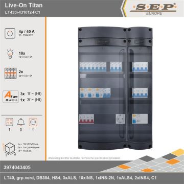 SEP Europe - Live-On Titan, LT433i-431012-FC1, 40A, 3-fase groepenkast, 10-lichtgroepen, 2-krachtgroepen, 1-fornuisgroep,  1V-contactdoos, technische gegevens