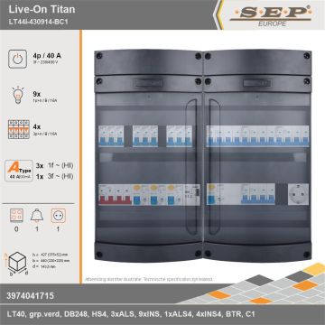 SEP Europe - Live-On Titan, LT44i-430914-BC1, 40A, 3-fase groepenkast, 9-lichtgroepen, 4-krachtgroepen, 1-beltrafo,  1V-contactdoos, technische gegevens
