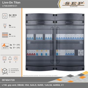 SEP Europe - Live-On Titan, LT44i-430914-C1, 40A, 3-fase groepenkast, 9-lichtgroepen, 4-krachtgroepen,  1V-contactdoos, technische gegevens
