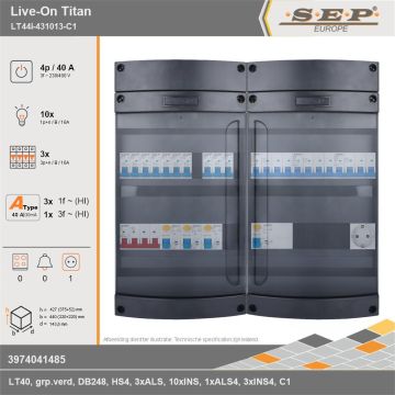 SEP Europe - Live-On Titan, LT44i-431013-C1, 40A, 3-fase groepenkast, 10-lichtgroepen, 3-krachtgroepen,  1V-contactdoos, technische gegevens
