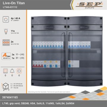 SEP Europe - Live-On Titan, LT44i-431112, 40A, 3-fase groepenkast, 11-lichtgroepen, 2-krachtgroepen, technische gegevens