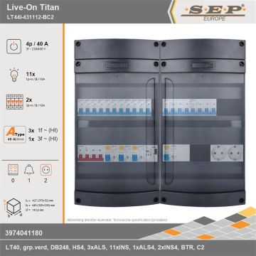 SEP Europe - Live-On Titan, LT44i-431112-BC2, 40A, 3-fase groepenkast, 11-lichtgroepen, 2-krachtgroepen, 1-beltrafo,  2V-contactdoos, technische gegevens