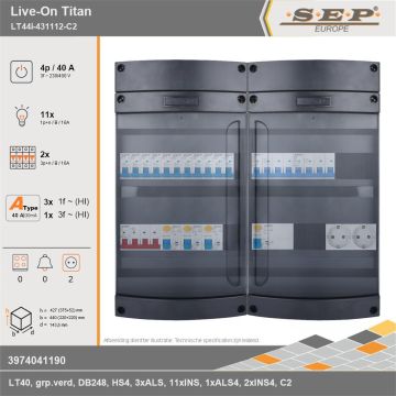 SEP Europe - Live-On Titan, LT44i-431112-C2, 40A, 3-fase groepenkast, 11-lichtgroepen, 2-krachtgroepen,  2V-contactdoos, technische gegevens