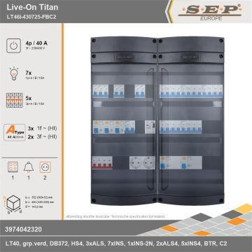 SEP Europe - Live-On Titan, LT46i-430725-FBC2, 40A, 3-fase groepenkast, 7-lichtgroepen, 5-krachtgroepen, 1-fornuisgroep, 1-beltrafo,  2V-contactdoos, technische gegevens