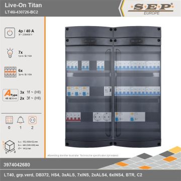 SEP Europe - Live-On Titan, LT46i-430726-BC2, 40A, 3-fase groepenkast, 7-lichtgroepen, 6-krachtgroepen, 1-beltrafo,  2V-contactdoos, technische gegevens