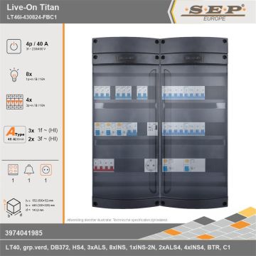 SEP Europe - Live-On Titan, LT46i-430824-FBC1, 40A, 3-fase groepenkast, 8-lichtgroepen, 4-krachtgroepen, 1-fornuisgroep, 1-beltrafo,  1V-contactdoos, technische gegevens