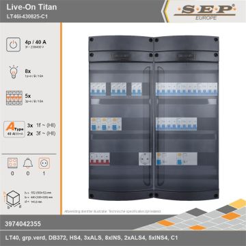 SEP Europe - Live-On Titan, LT46i-430825-C1, 40A, 3-fase groepenkast, 8-lichtgroepen, 5-krachtgroepen,  1V-contactdoos, technische gegevens