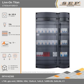SEP Europe - Live-On Titan, LT433a-411202-FC1, 40A, 3-fase groepenkast, 12-lichtgroepen, 2-krachtgroepen, 1-fornuisgroep,  1V-contactdoos, technische gegevens