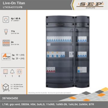 SEP Europe - Live-On Titan, LT433i-431112-FB, 40A, 3-fase groepenkast, 11-lichtgroepen, 2-krachtgroepen, 1-fornuisgroep, 1-beltrafo, technische gegevens