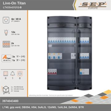 SEP Europe - Live-On Titan, LT433i-431212-B, 40A, 3-fase groepenkast, 12-lichtgroepen, 2-krachtgroepen, 1-beltrafo, technische gegevens