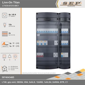 SEP Europe - Live-On Titan, LT433i-431212-BC1, 40A, 3-fase groepenkast, 12-lichtgroepen, 2-krachtgroepen, 1-beltrafo,  1V-contactdoos, technische gegevens