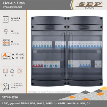 SEP Europe - Live-On Titan, LT44i-430914-FC1, 40A, 3-fase groepenkast, 9-lichtgroepen, 4-krachtgroepen, 1-fornuisgroep,  1V-contactdoos, technische gegevens