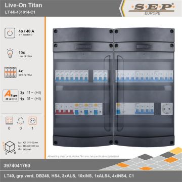 SEP Europe - Live-On Titan, LT44i-431014-C1, 40A, 3-fase groepenkast, 10-lichtgroepen, 4-krachtgroepen,  1V-contactdoos, technische gegevens
