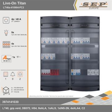SEP Europe - Live-On Titan, LT46a-410904-FC2, 40A, 3-fase groepenkast, 9-lichtgroepen, 4-krachtgroepen, 1-fornuisgroep,  2V-contactdoos, technische gegevens