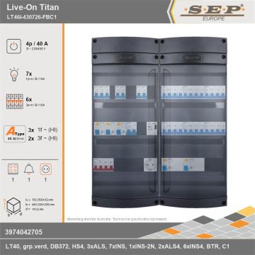 SEP Europe - Live-On Titan, LT46i-430726-FBC1, 40A, 3-fase groepenkast, 7-lichtgroepen, 6-krachtgroepen, 1-fornuisgroep, 1-beltrafo,  1V-contactdoos, technische gegevens