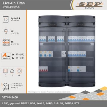 SEP Europe - Live-On Titan, LT46i-430925-B, 40A, 3-fase groepenkast, 9-lichtgroepen, 5-krachtgroepen, 1-beltrafo, technische gegevens