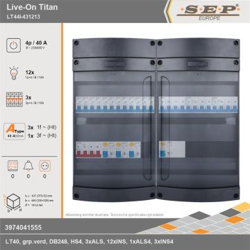 SEP Europe - Live-On Titan, LT44i-431213, 40A, 3-fase groepenkast, 12-lichtgroepen, 3-krachtgroepen, technische gegevens