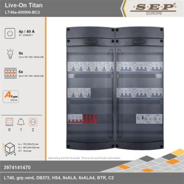 SEP Europe - Live-On Titan, LT46a-400906-BC2, 40A, 3-fase groepenkast, 9-lichtgroepen, 6-krachtgroepen, 1-beltrafo,  2V-contactdoos, technische gegevens