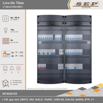 SEP Europe - Live-On Titan, LT46i-431024-FBC1, 40A, 3-fase groepenkast, 10-lichtgroepen, 4-krachtgroepen, 1-fornuisgroep, 1-beltrafo,  1V-contactdoos, technische gegevens