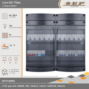 SEP Europe - Live-On Titan, LT44a-411203-F, 40A, 3-fase groepenkast, 12-lichtgroepen, 3-krachtgroepen, 1-fornuisgroep, technische gegevens