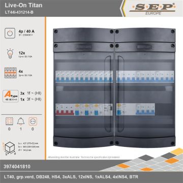 SEP Europe - Live-On Titan, LT44i-431214-B, 40A, 3-fase groepenkast, 12-lichtgroepen, 4-krachtgroepen, 1-beltrafo, technische gegevens