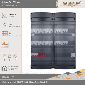 SEP Europe - Live-On Titan, LT46a-401204-C1, 40A, 3-fase groepenkast, 12-lichtgroepen, 4-krachtgroepen,  1V-contactdoos, technische gegevens