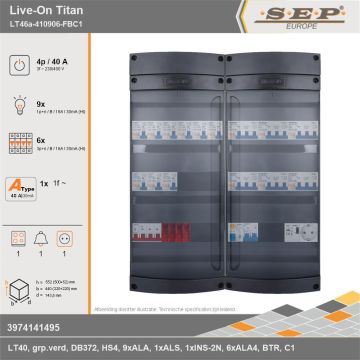 SEP Europe - Live-On Titan, LT46a-410906-FBC1, 40A, 3-fase groepenkast, 9-lichtgroepen, 6-krachtgroepen, 1-fornuisgroep, 1-beltrafo,  1V-contactdoos, technische gegevens