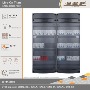SEP Europe - Live-On Titan, LT46a-410906-FBC2, 40A, 3-fase groepenkast, 9-lichtgroepen, 6-krachtgroepen, 1-fornuisgroep, 1-beltrafo,  2V-contactdoos, technische gegevens