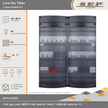 SEP Europe - Live-On Titan, LT46a-410906-FC1, 40A, 3-fase groepenkast, 9-lichtgroepen, 6-krachtgroepen, 1-fornuisgroep,  1V-contactdoos, technische gegevens