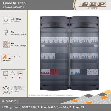 SEP Europe - Live-On Titan, LT46a-410906-FC2, 40A, 3-fase groepenkast, 9-lichtgroepen, 6-krachtgroepen, 1-fornuisgroep,  2V-contactdoos, technische gegevens