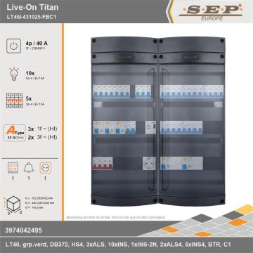 SEP Europe - Live-On Titan, LT46i-431025-FBC1, 40A, 3-fase groepenkast, 10-lichtgroepen, 5-krachtgroepen, 1-fornuisgroep, 1-beltrafo,  1V-contactdoos, technische gegevens
