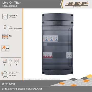 SEP Europe - Live-On Titan, LT42a-400300-C1, 40A, 3-fase groepenkast, 3-lichtgroepen,  1V-contactdoos, technische gegevens